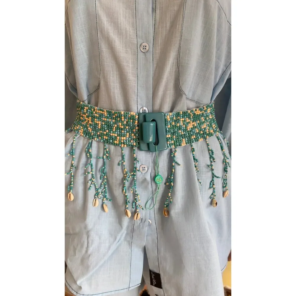 Antica Sartoria elastic belt turquoise glass seed beads a seashell
